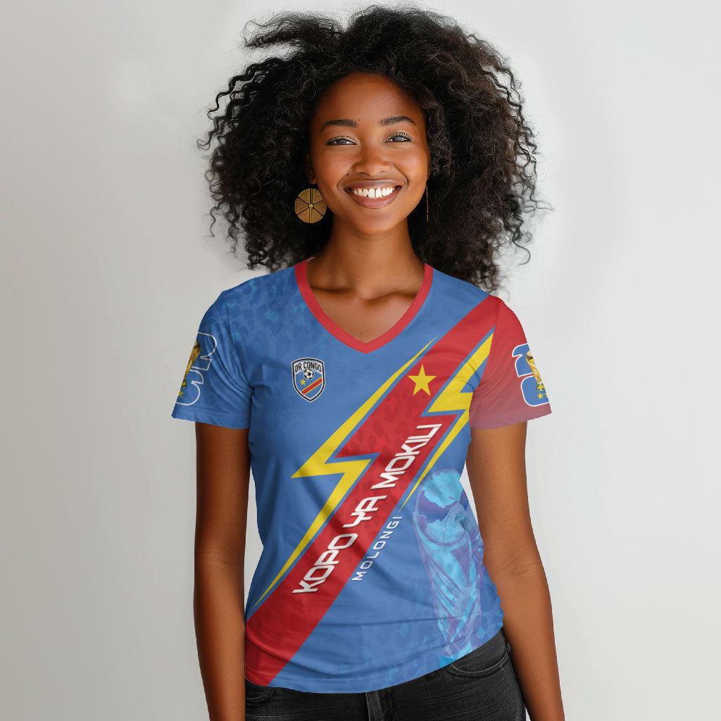 DR Congo 2026 Kopo ya Mokili Custom Women V-Neck T-Shirt Leopards Making History