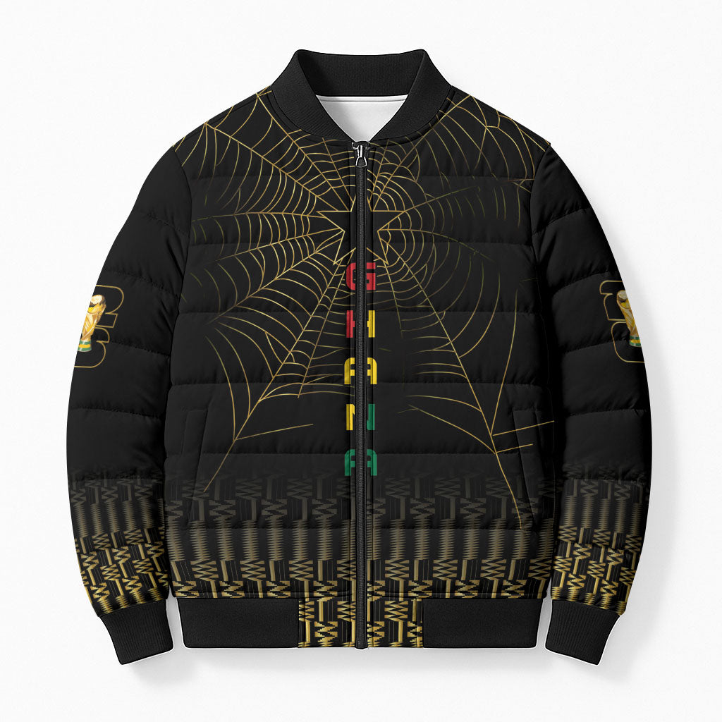 Ghana Black Star Custom Bomber Puffer Jacket Gold Ananse Spiderweb Inspired