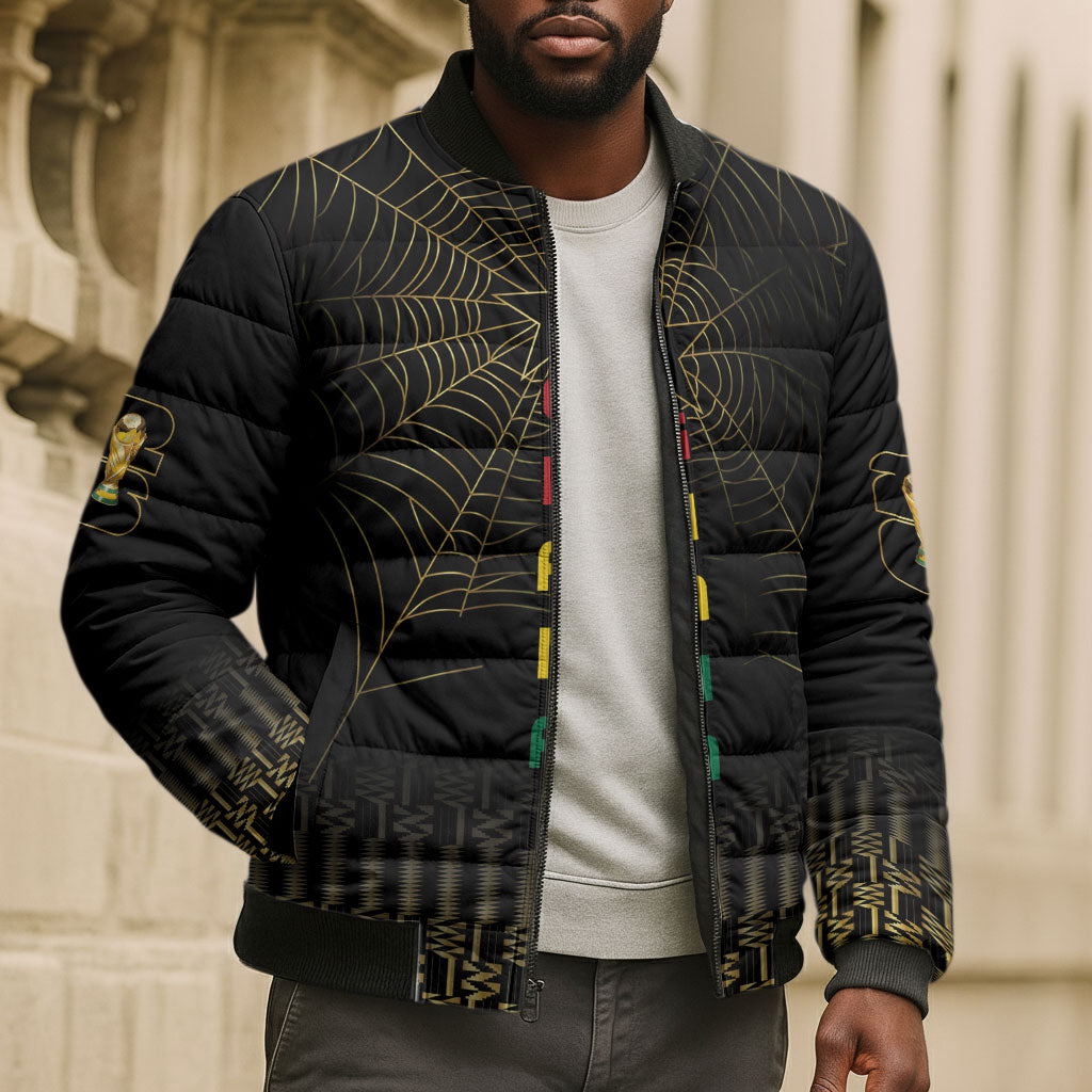 Ghana Black Star Custom Bomber Puffer Jacket Gold Ananse Spiderweb Inspired