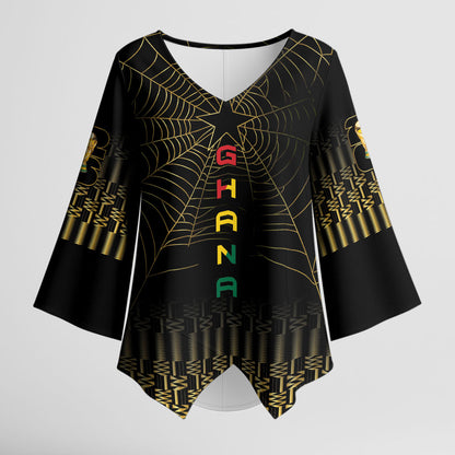 Ghana Black Star Custom Kimono Sleeve Blouse Gold Ananse Spiderweb Inspired