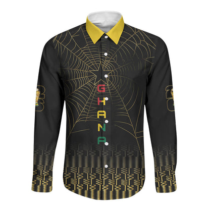 Ghana Black Star Custom Long Sleeve Button Shirt Gold Ananse Spiderweb Inspired