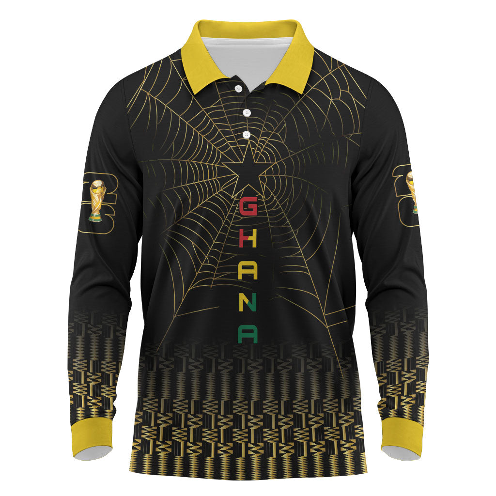 Ghana Black Star Custom Long Sleeve Polo Shirt Gold Ananse Spiderweb Inspired