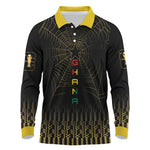 Ghana Black Star Custom Long Sleeve Polo Shirt Gold Ananse Spiderweb Inspired
