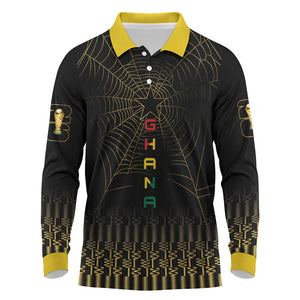 Ghana Black Star Custom Long Sleeve Polo Shirt Gold Ananse Spiderweb Inspired