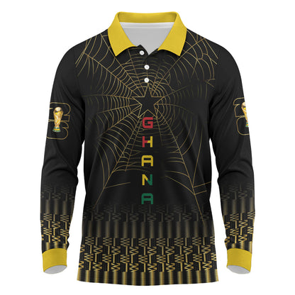 Ghana Black Star Custom Long Sleeve Polo Shirt Gold Ananse Spiderweb Inspired
