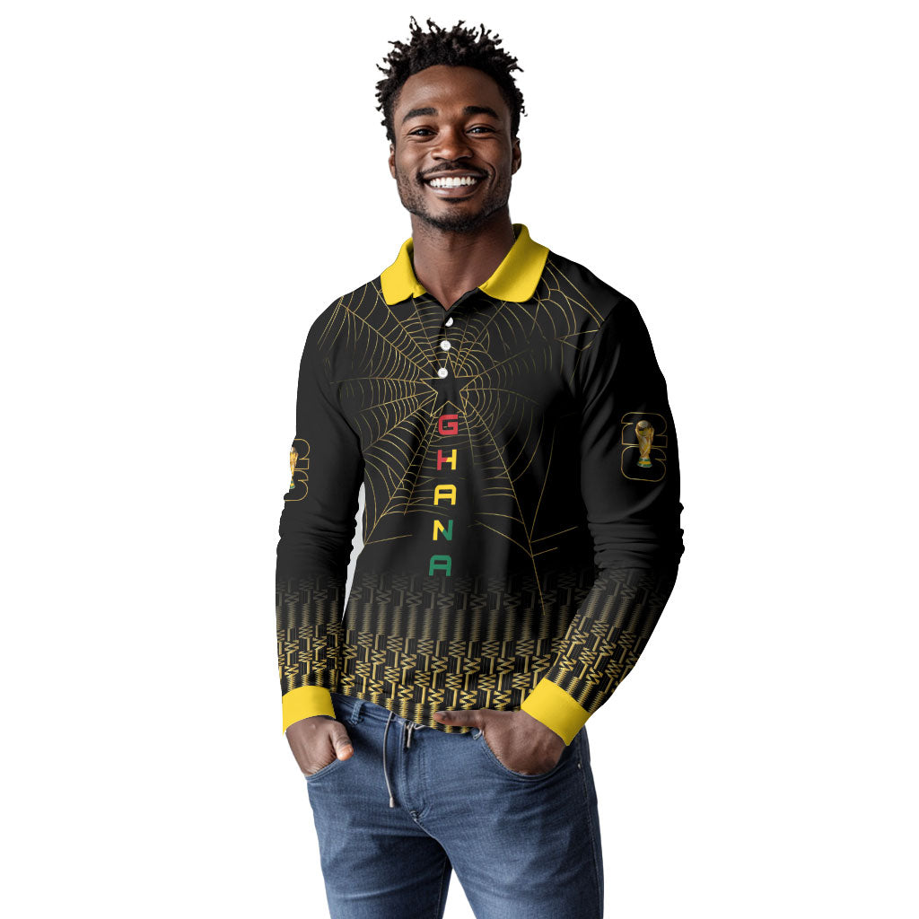 Ghana Black Star Custom Long Sleeve Polo Shirt Gold Ananse Spiderweb Inspired