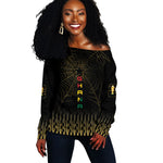 Ghana Black Star Custom Off Shoulder Sweater Gold Ananse Spiderweb Inspired