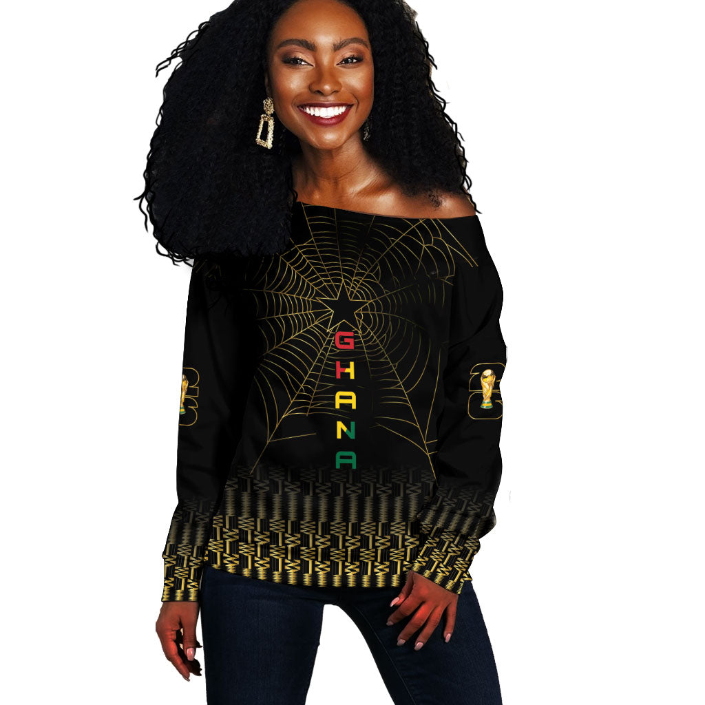 Ghana Black Star Custom Off Shoulder Sweater Gold Ananse Spiderweb Inspired