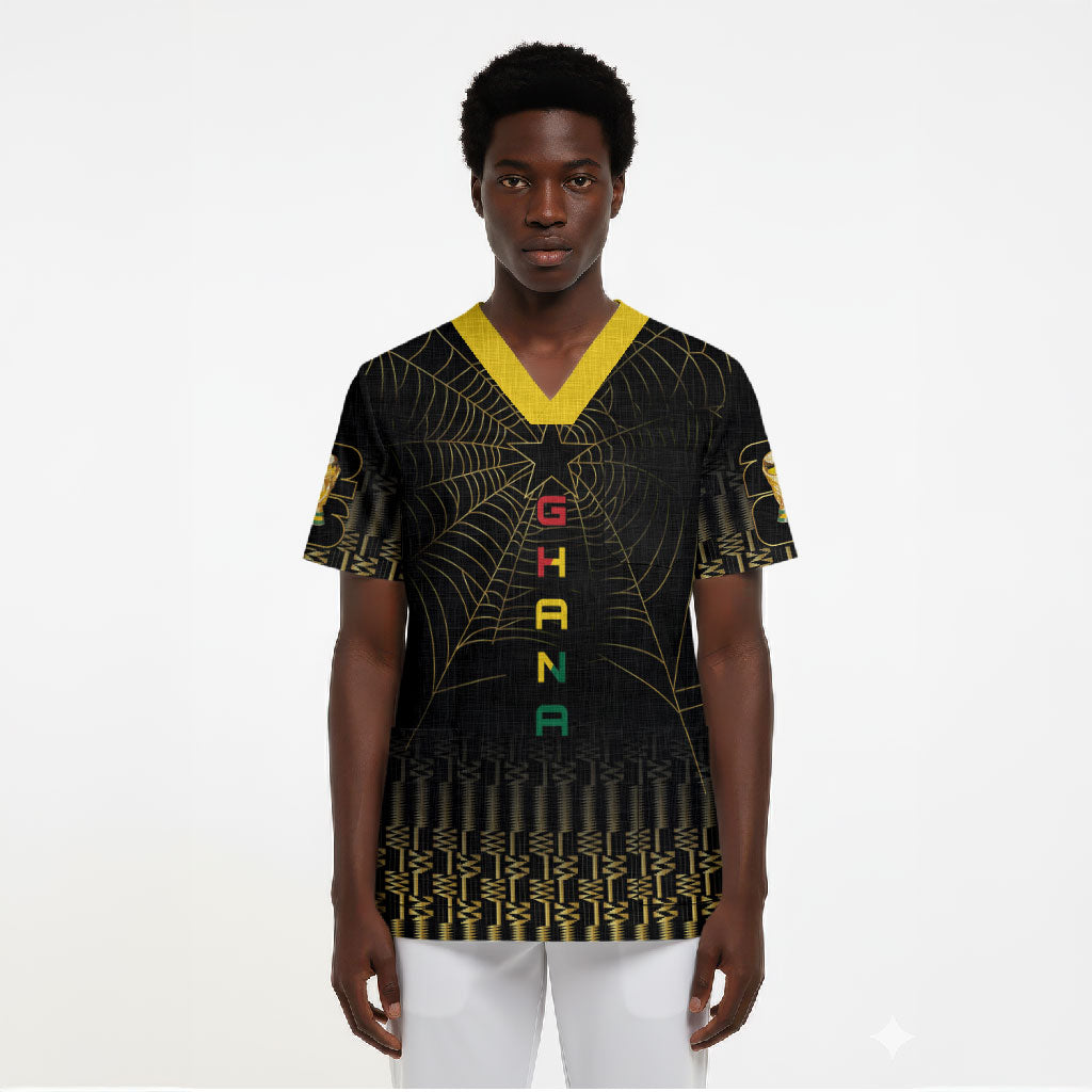 Ghana Black Star Custom Scrub Top Gold Ananse Spiderweb Inspired