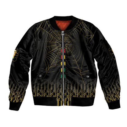 Ghana Black Star Custom Sleeve Zip Bomber Jacket Gold Ananse Spiderweb Inspired