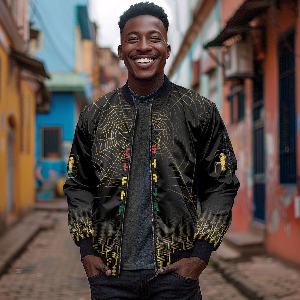 Ghana Black Star Custom Sleeve Zip Bomber Jacket Gold Ananse Spiderweb Inspired