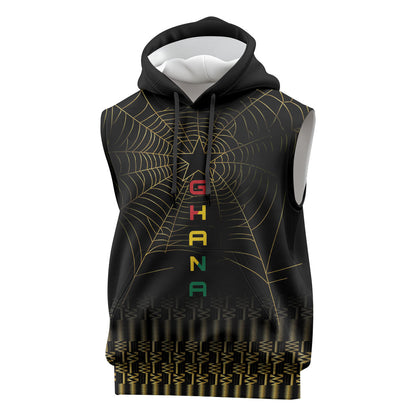 Ghana Black Star Custom Sleeveless Hoodie Gold Ananse Spiderweb Inspired