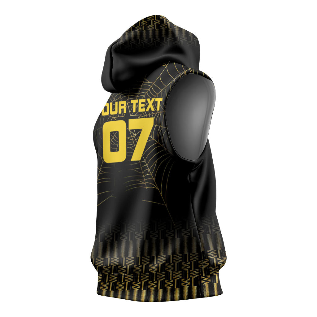 Ghana Black Star Custom Sleeveless Hoodie Gold Ananse Spiderweb Inspired