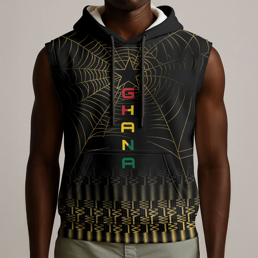 Ghana Black Star Custom Sleeveless Hoodie Gold Ananse Spiderweb Inspired