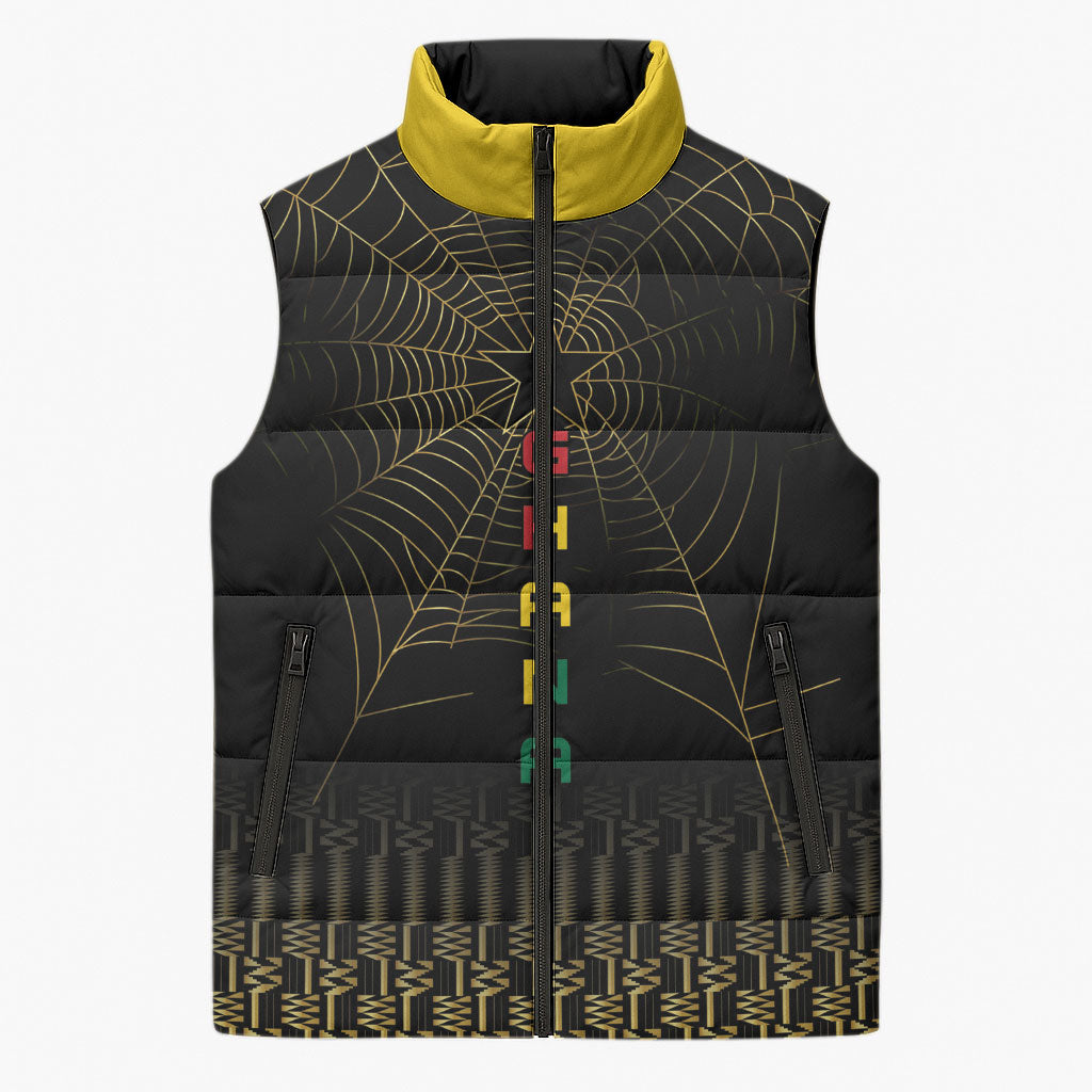 Ghana Black Star Custom Sleeveless Puffer Jacket Gold Ananse Spiderweb Inspired