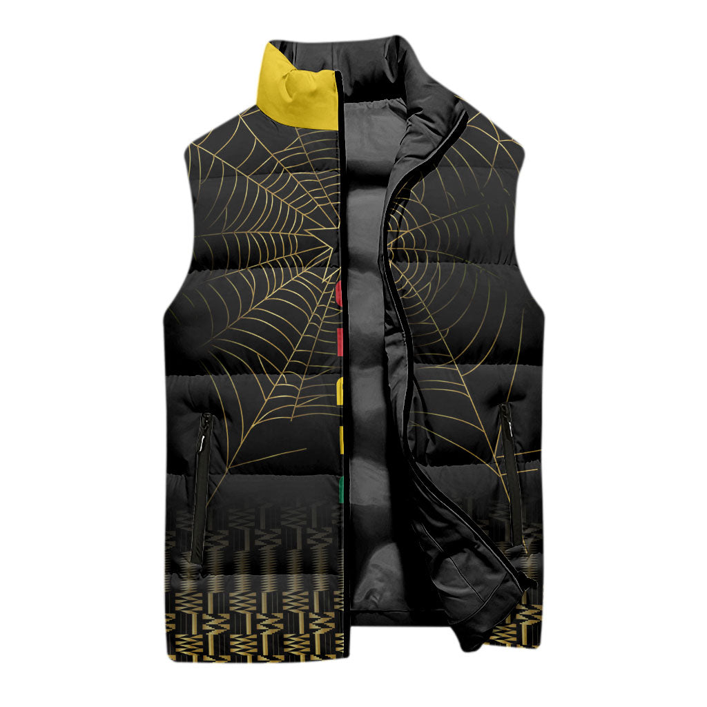 Ghana Black Star Custom Sleeveless Puffer Jacket Gold Ananse Spiderweb Inspired