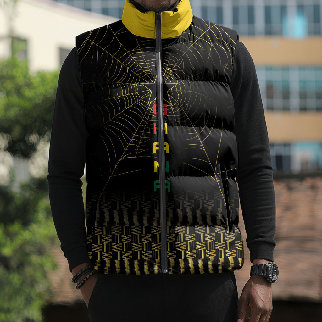 Ghana Black Star Custom Sleeveless Puffer Jacket Gold Ananse Spiderweb Inspired