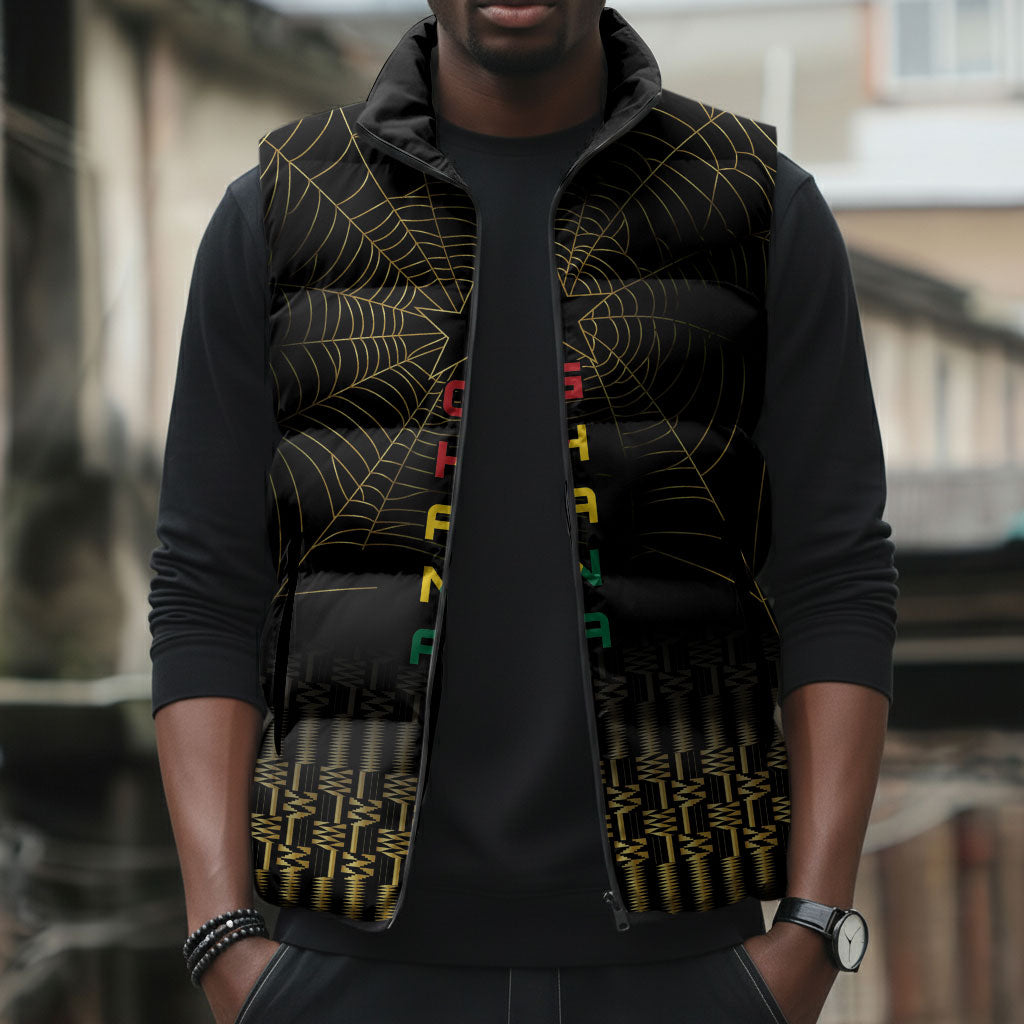 Ghana Black Star Custom Sleeveless Puffer Jacket Gold Ananse Spiderweb Inspired