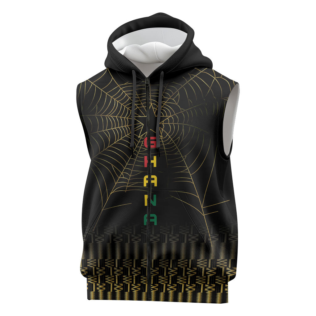 Ghana Black Star Custom Sleeveless Zip Hoodie Gold Ananse Spiderweb Inspired