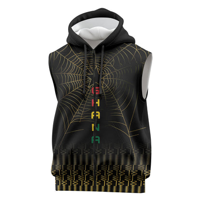 Ghana Black Star Custom Sleeveless Zip Hoodie Gold Ananse Spiderweb Inspired