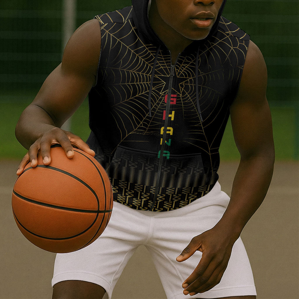 Ghana Black Star Custom Sleeveless Zip Hoodie Gold Ananse Spiderweb Inspired