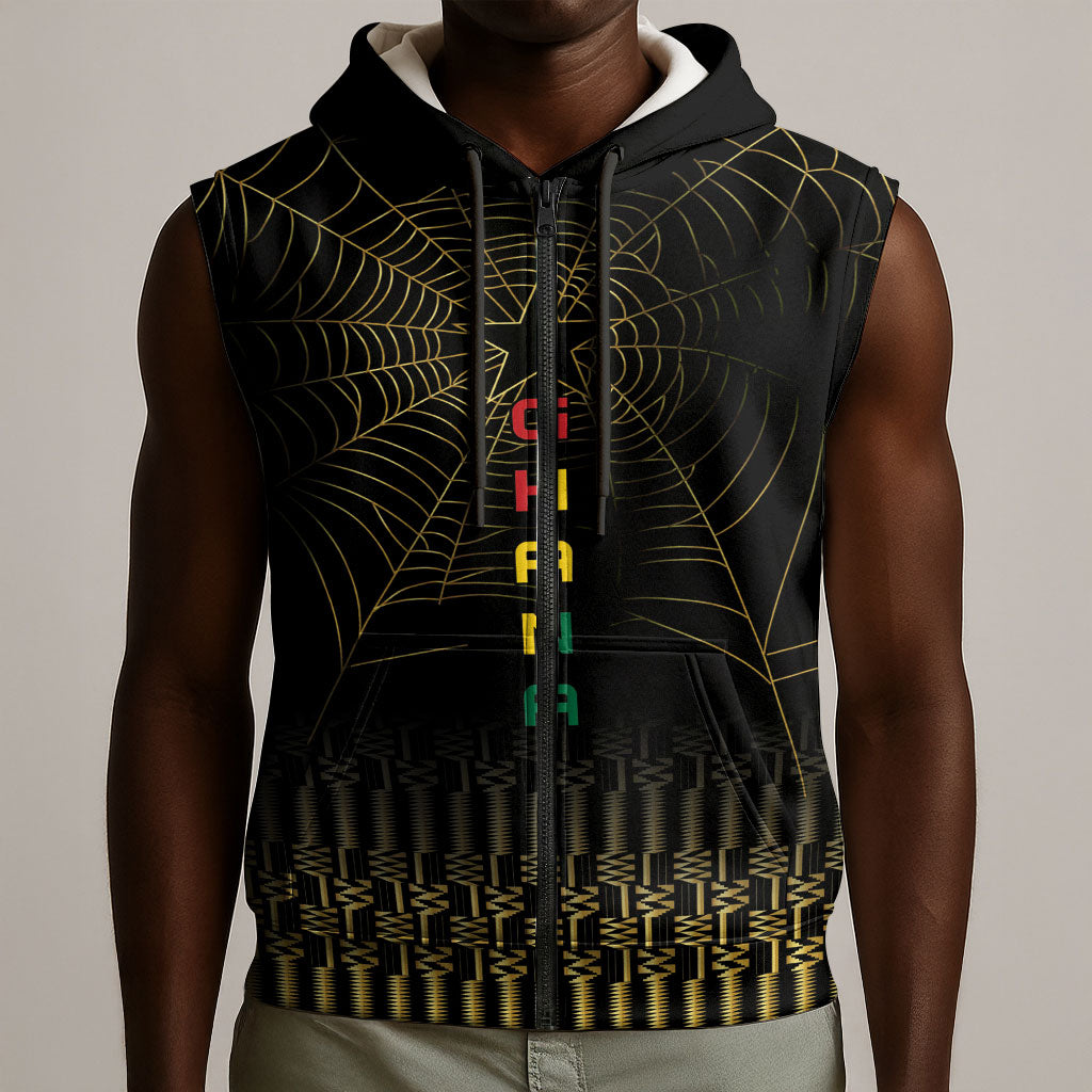 Ghana Black Star Custom Sleeveless Zip Hoodie Gold Ananse Spiderweb Inspired