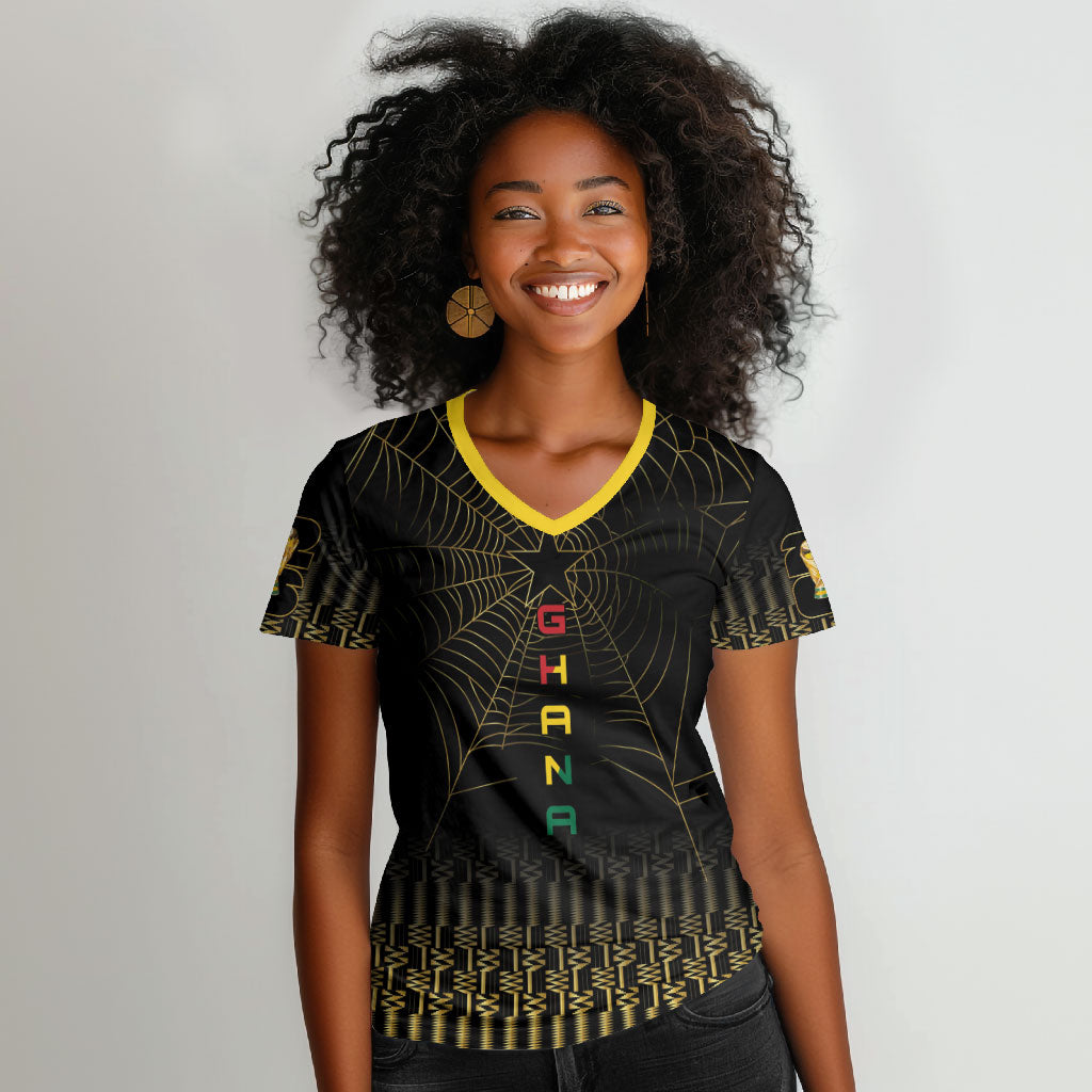 Ghana Black Star Custom Women V-Neck T-Shirt Gold Ananse Spiderweb Inspired