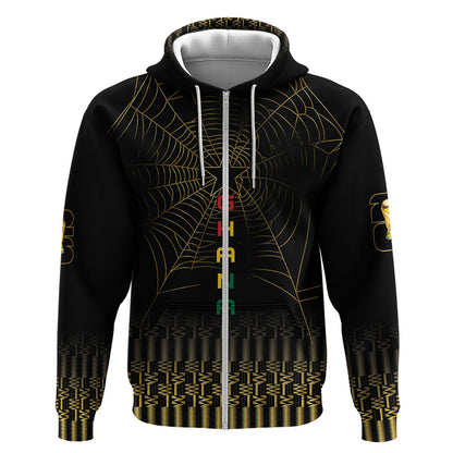 Ghana Black Star Custom Zip Hoodie Gold Ananse Spiderweb Inspired