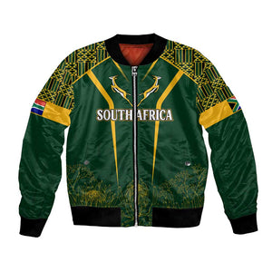 Personalised South African Heritage Day Bomber Jacket Kente Ethnic Patterns Mix Springboks