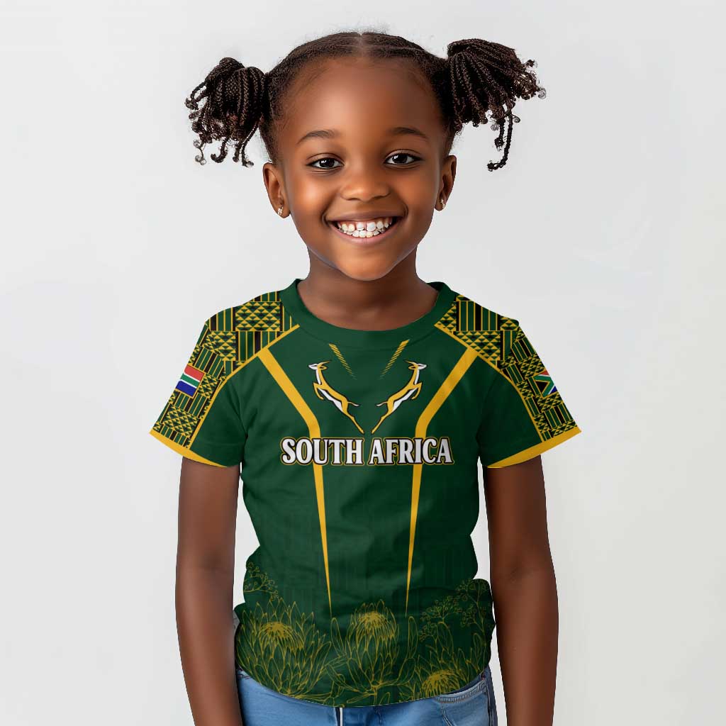 Personalised South African Heritage Day Kid T shirt Kente Ethnic Patterns Mix Springboks