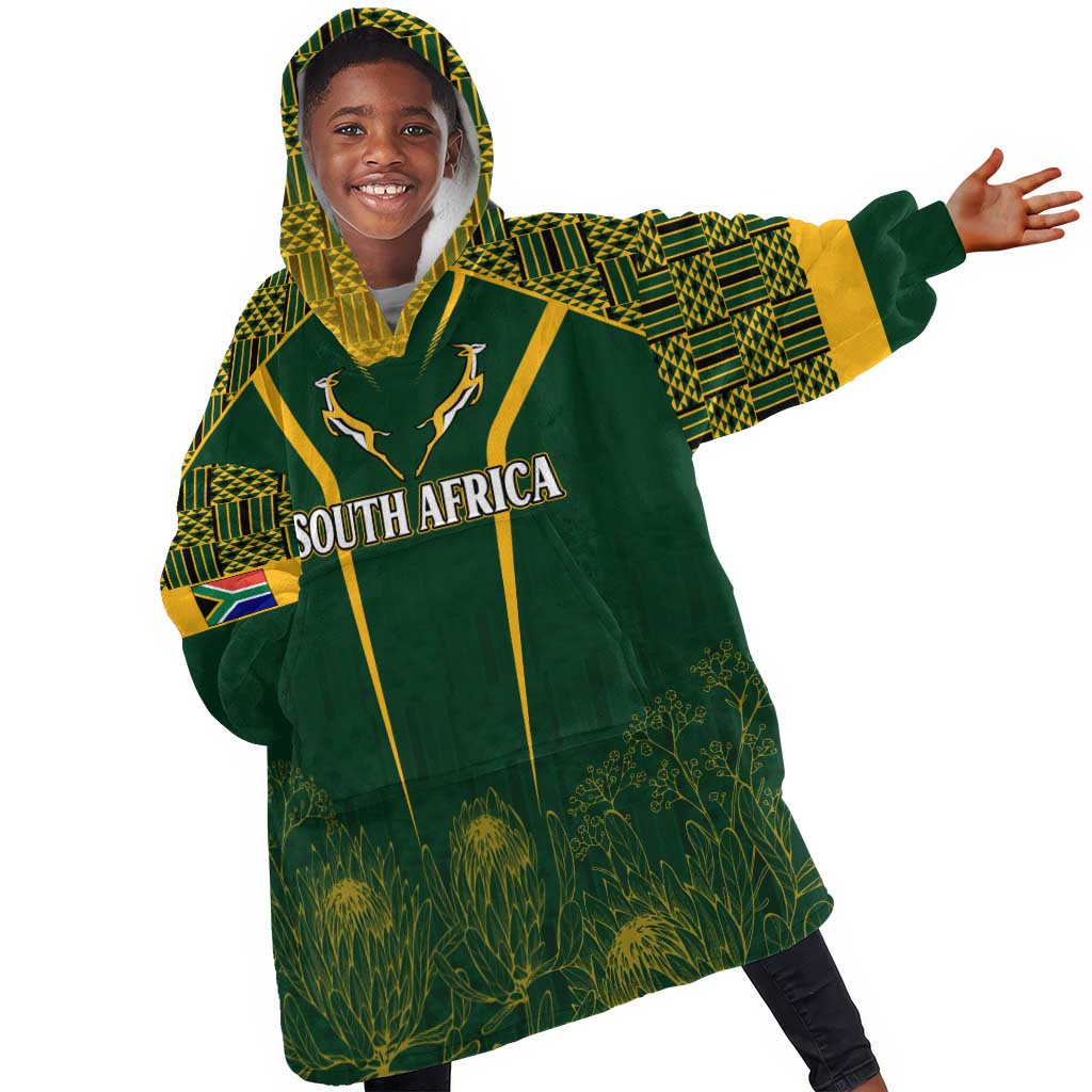 Personalised South African Heritage Day KId Wearable Blanket Hoodie Kente Ethnic Patterns Mix Springboks