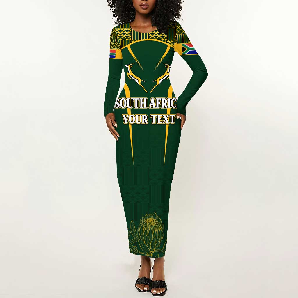 Personalised South African Heritage Day Long Sleeve Bodycon Dress Kente Ethnic Patterns Mix Springboks