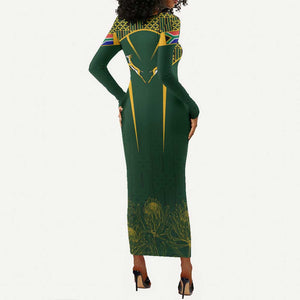 Personalised South African Heritage Day Long Sleeve Bodycon Dress Kente Ethnic Patterns Mix Springboks