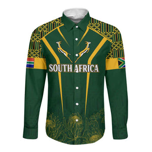 Personalised South African Heritage Day Long Sleeve Button Shirt Kente Ethnic Patterns Mix Springboks