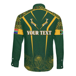 Personalised South African Heritage Day Long Sleeve Button Shirt Kente Ethnic Patterns Mix Springboks