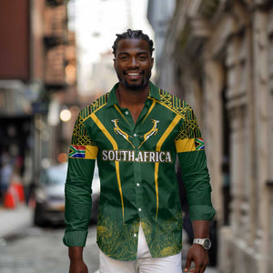 Personalised South African Heritage Day Long Sleeve Button Shirt Kente Ethnic Patterns Mix Springboks