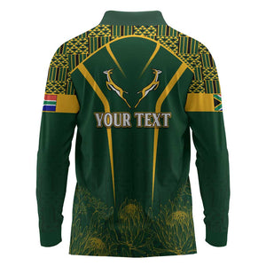 Personalised South African Heritage Day Long Sleeve Polo Shirt Kente Ethnic Patterns Mix Springboks