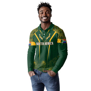 Personalised South African Heritage Day Long Sleeve Polo Shirt Kente Ethnic Patterns Mix Springboks