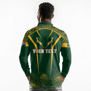 Personalised South African Heritage Day Long Sleeve Polo Shirt Kente Ethnic Patterns Mix Springboks