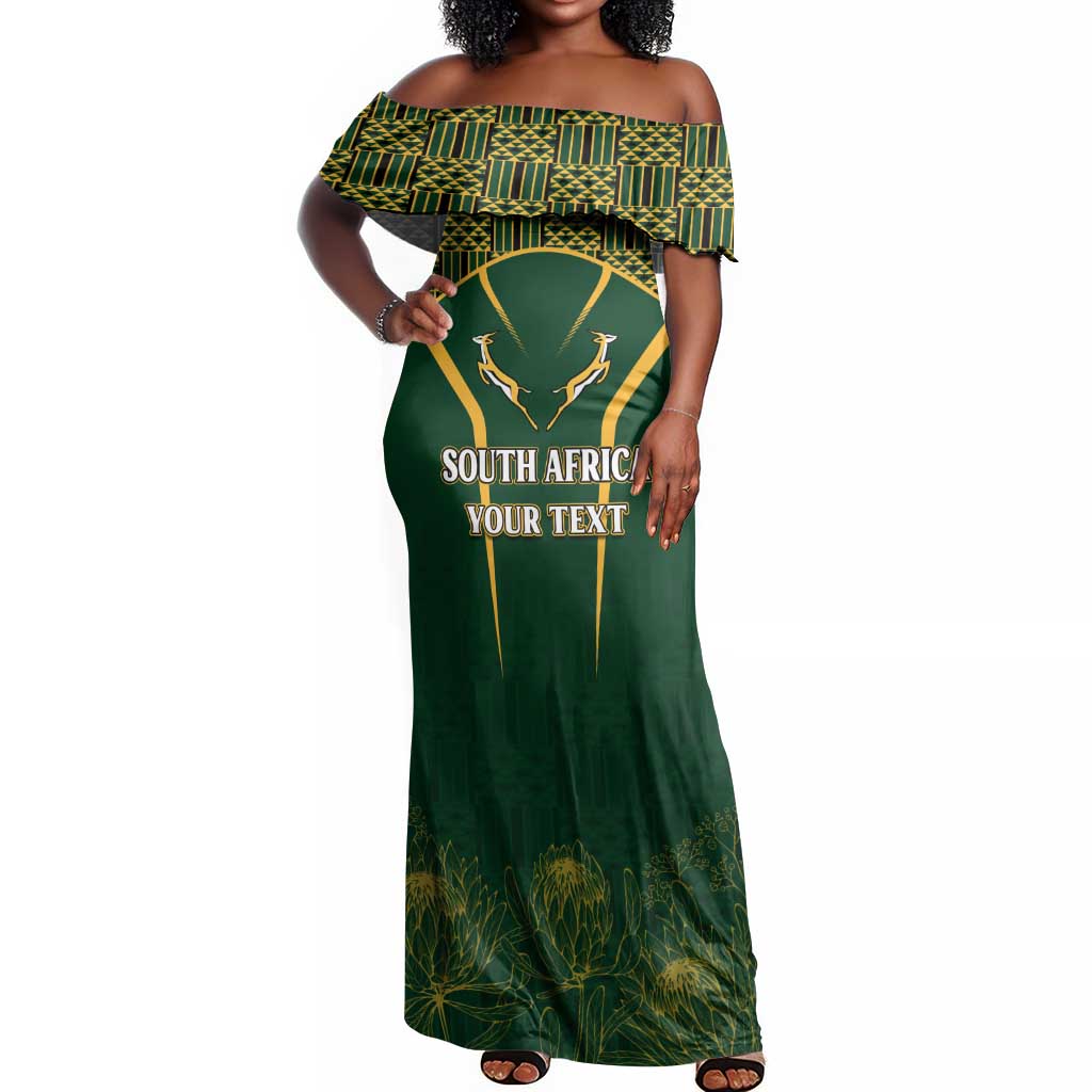 Personalised South African Heritage Day Off Shoulder Maxi Dress Kente Ethnic Patterns Mix Springboks