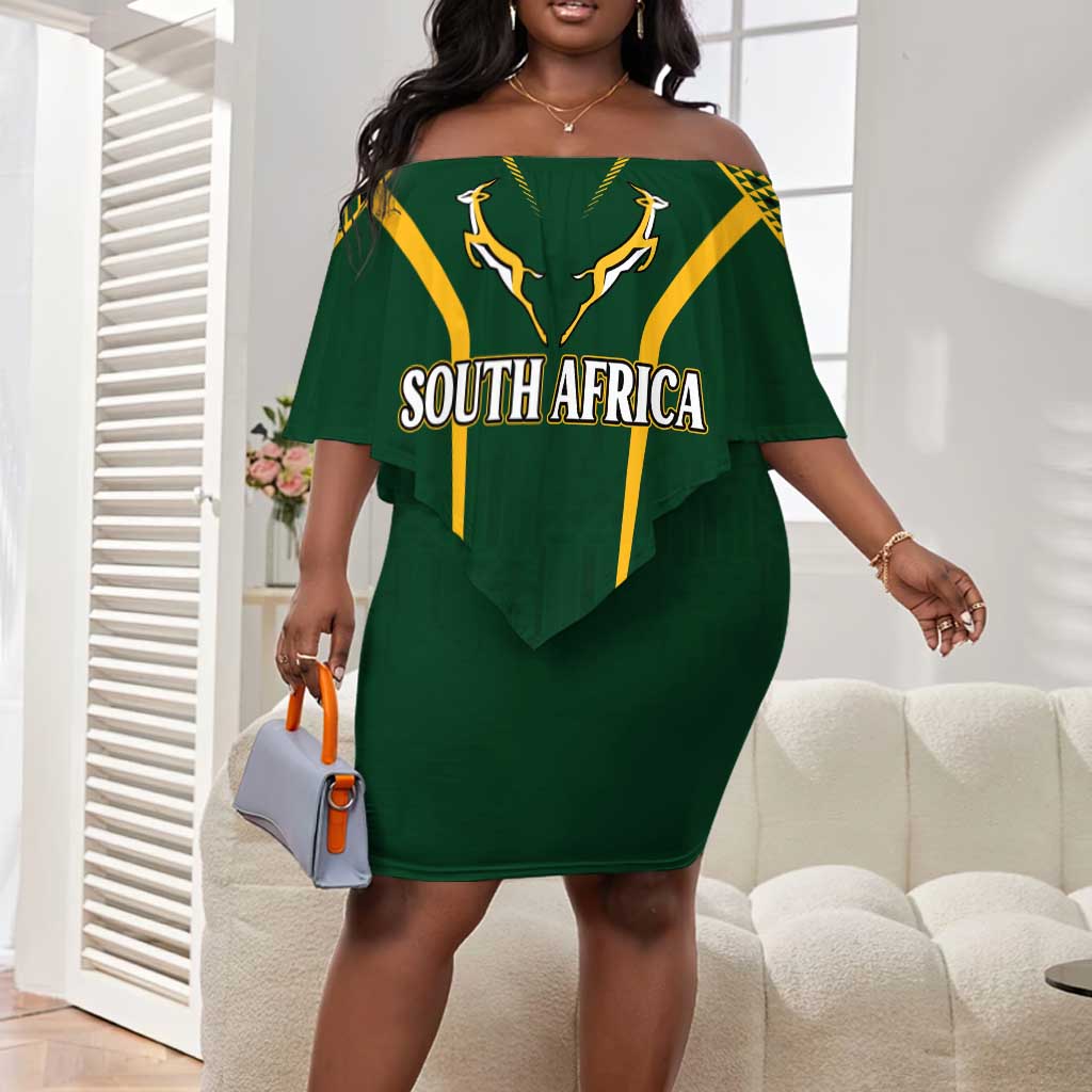 Personalised South African Heritage Day Off Shoulder Short Dress Kente Ethnic Patterns Mix Springboks LT7