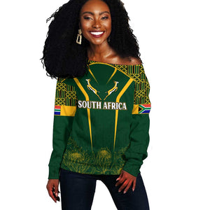 Personalised South African Heritage Day Off Shoulder Sweater Kente Ethnic Patterns Mix Springboks