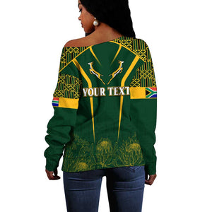 Personalised South African Heritage Day Off Shoulder Sweater Kente Ethnic Patterns Mix Springboks