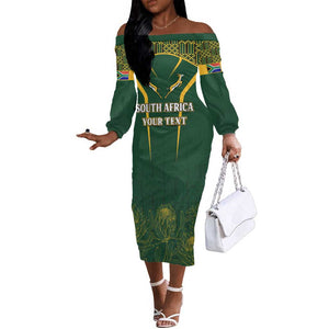 Personalised South African Heritage Day Off The Shoulder Long Sleeve Dress Kente Ethnic Patterns Mix Springboks