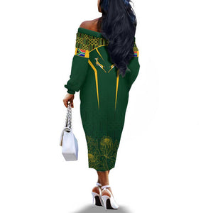 Personalised South African Heritage Day Off The Shoulder Long Sleeve Dress Kente Ethnic Patterns Mix Springboks