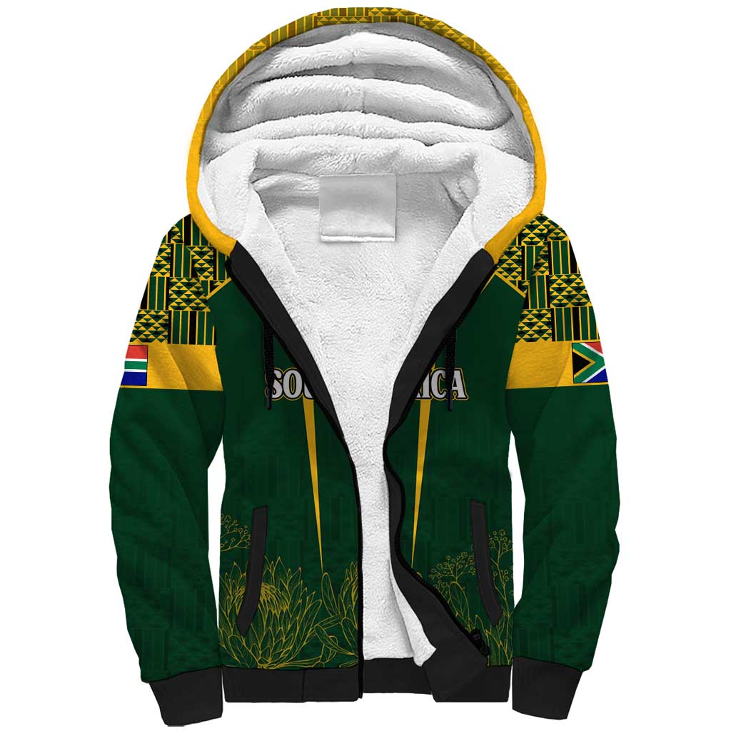 Personalised South African Heritage Day Sherpa Hoodie Kente Ethnic Patterns Mix Springboks