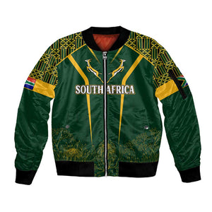 Personalised South African Heritage Day Sleeve Zip Bomber Jacket Kente Ethnic Patterns Mix Springboks