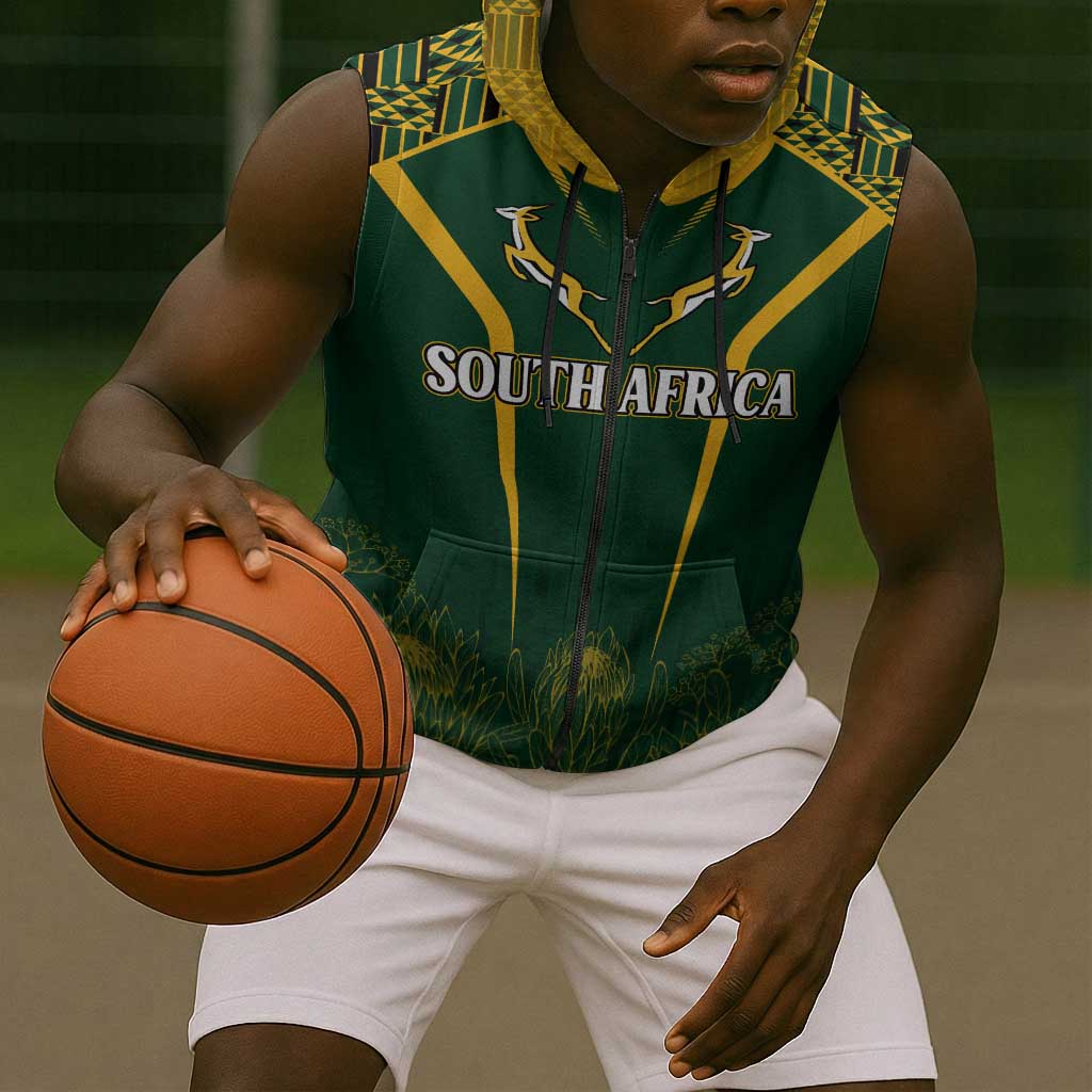 Personalised South African Heritage Day Sleeveless Zip Hoodie Kente Ethnic Patterns Mix Springboks - African Pride