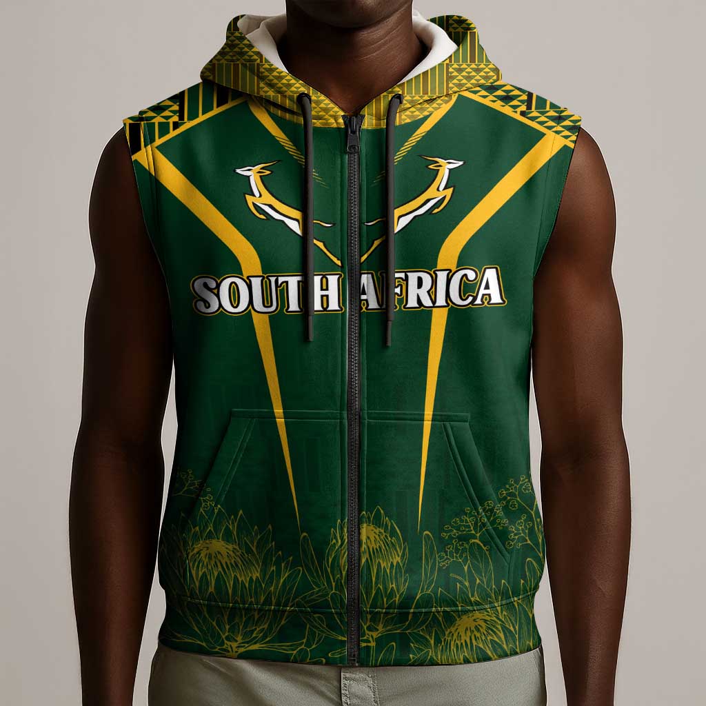 Personalised South African Heritage Day Sleeveless Zip Hoodie Kente Ethnic Patterns Mix Springboks - African Pride