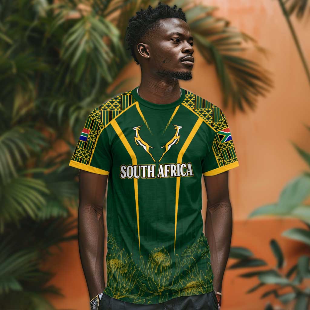 Personalised South African Heritage Day T shirt Kente Ethnic Patterns Mix Springboks